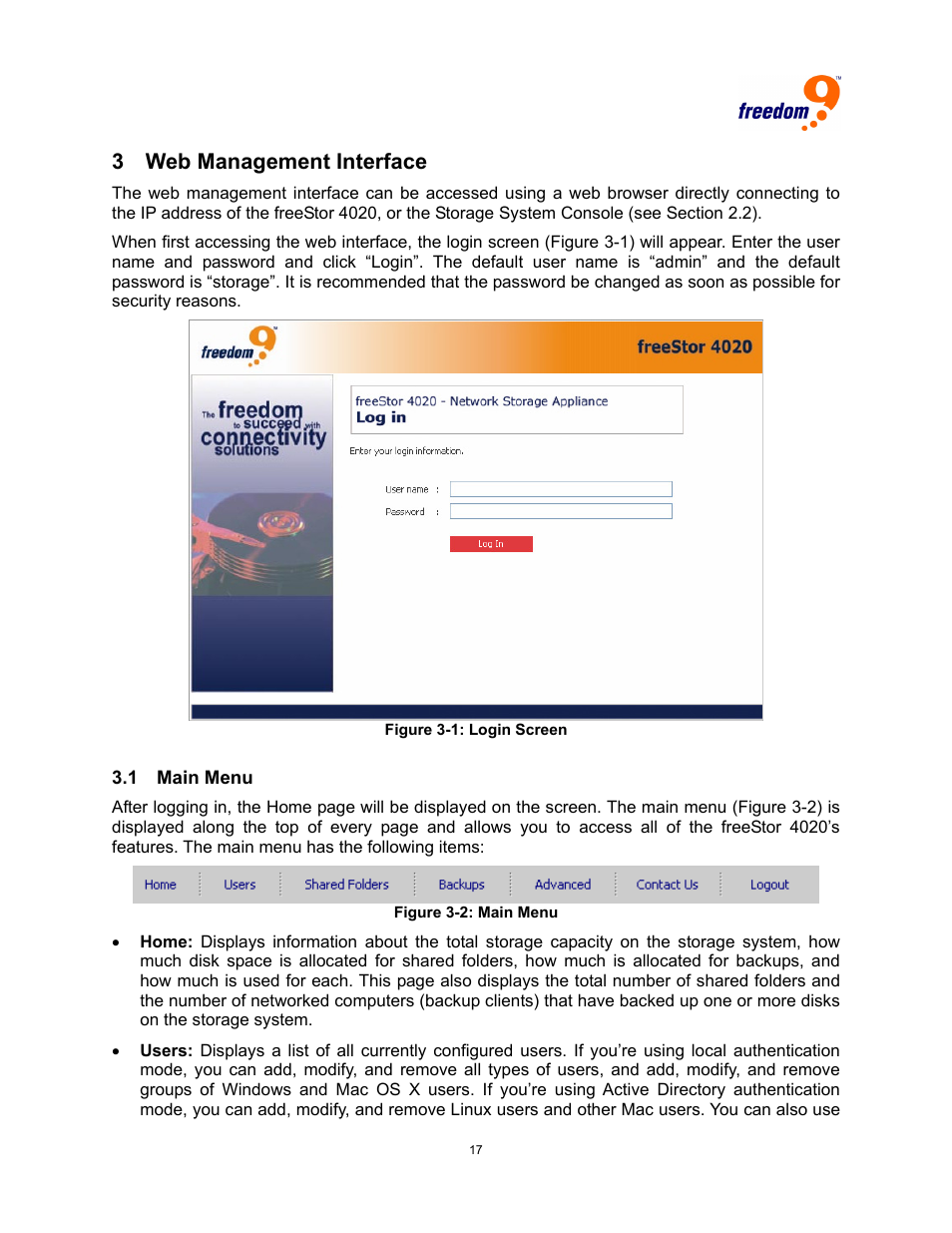 Web management interface, Igure, Ogin | Creen, 3 web management interface | Freedom9 4020 User Manual | Page 24 / 112