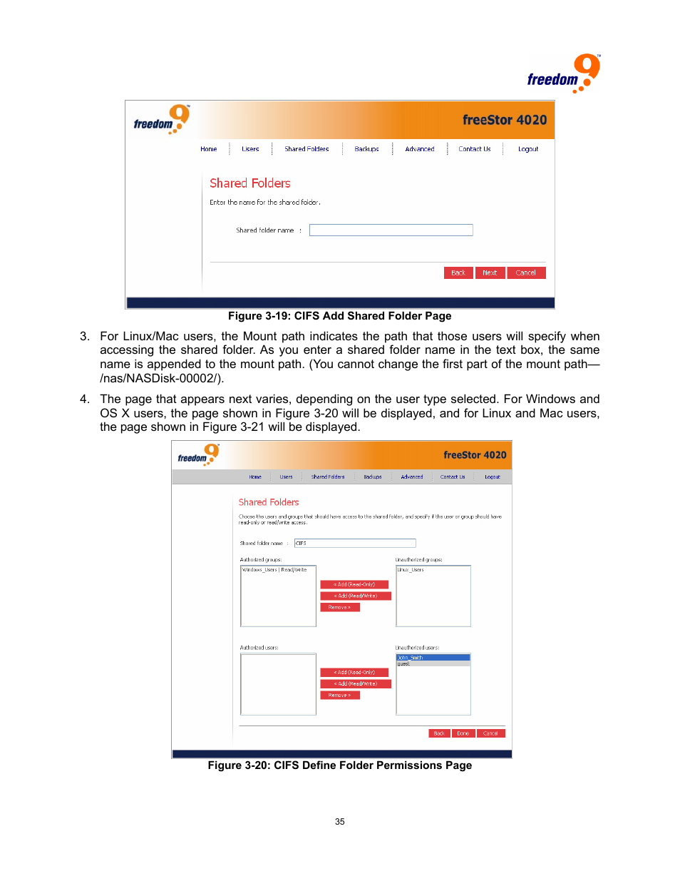 Igure, Cifs, Hared | Older, Efine, Ermissions | Freedom9 4020 User Manual | Page 42 / 112