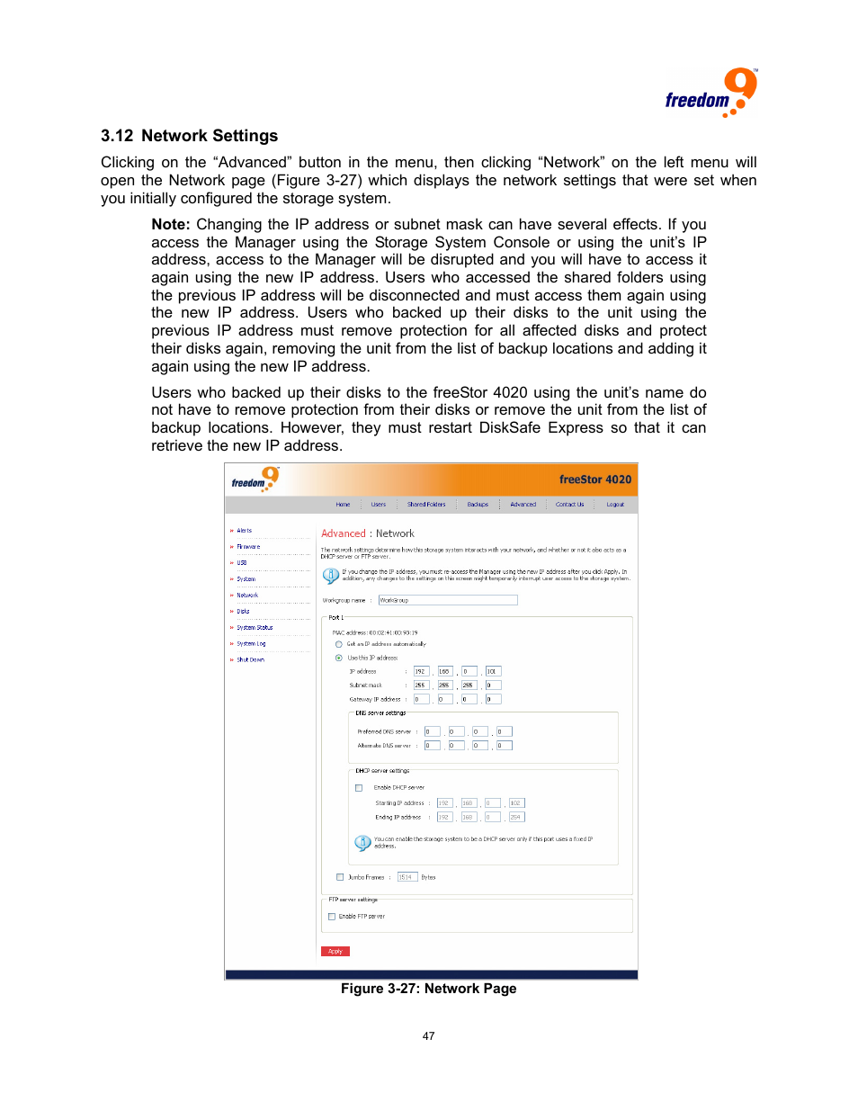 12 n, Etwork, Ettings | Igure | Freedom9 4020 User Manual | Page 54 / 112