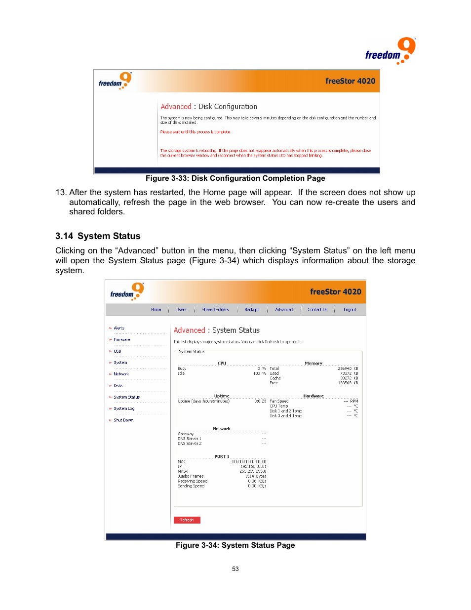 14 s, Ystem, Tatus | Igure, Onfiguration, Ompletion | Freedom9 4020 User Manual | Page 60 / 112