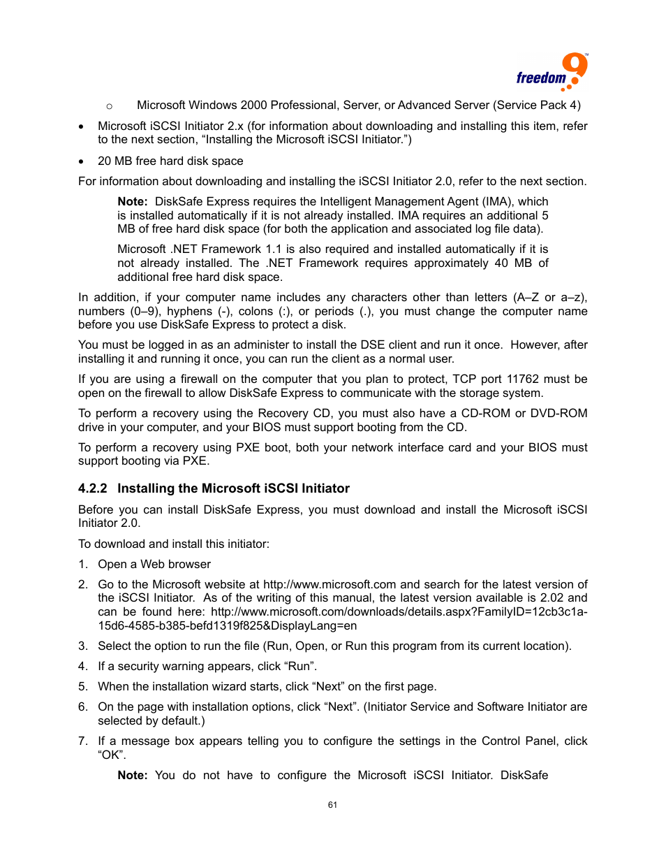 Nstalling the, Icrosoft i, Scsi | Nitiator | Freedom9 4020 User Manual | Page 68 / 112