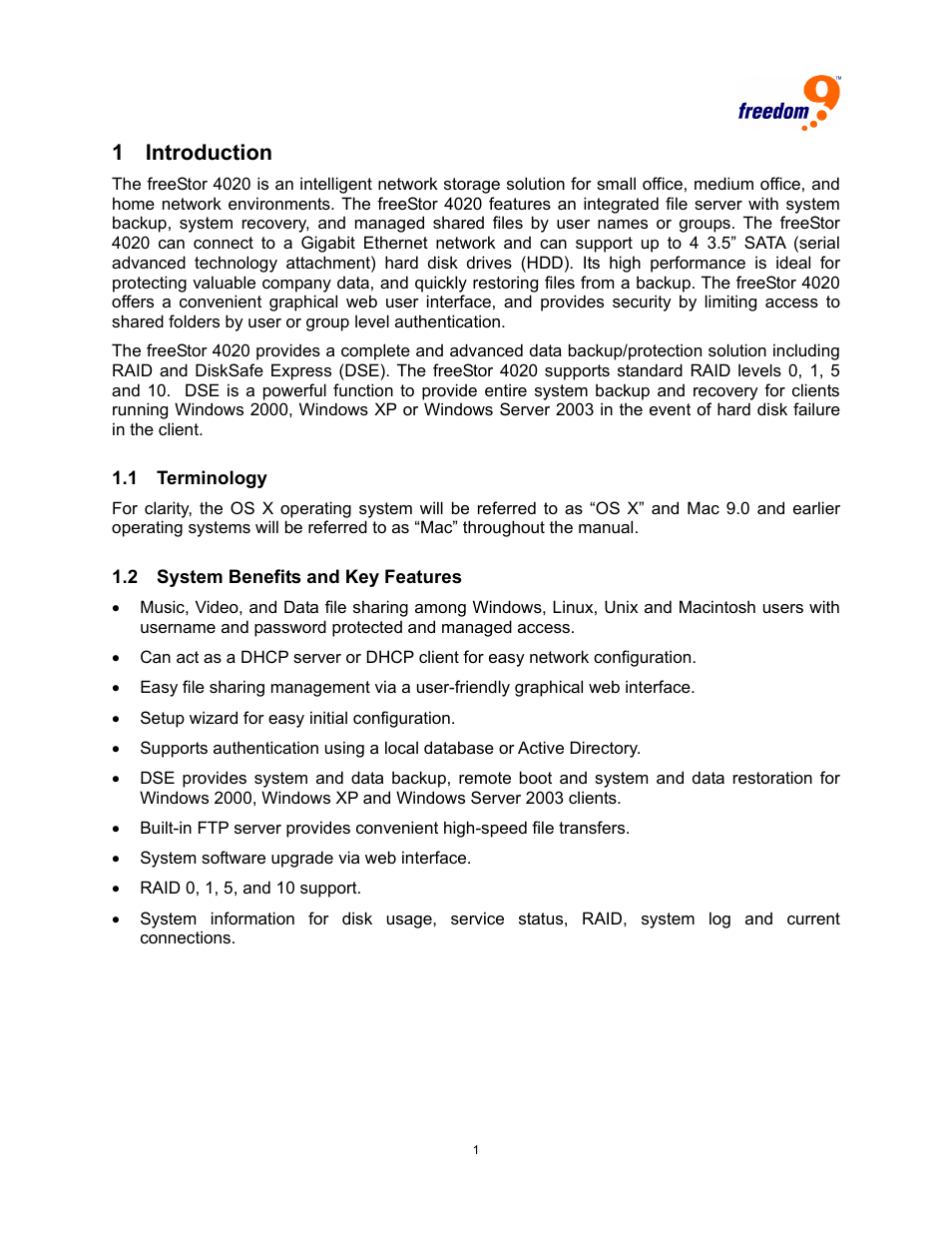 Introduction, Erminology, Ystem | Enefits and, Eatures, 1 introduction | Freedom9 4020 User Manual | Page 8 / 112