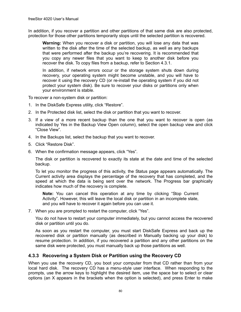 Ecovering a, Ystem, Isk or | Artition using the, Ecovery | Freedom9 4020 User Manual | Page 87 / 112