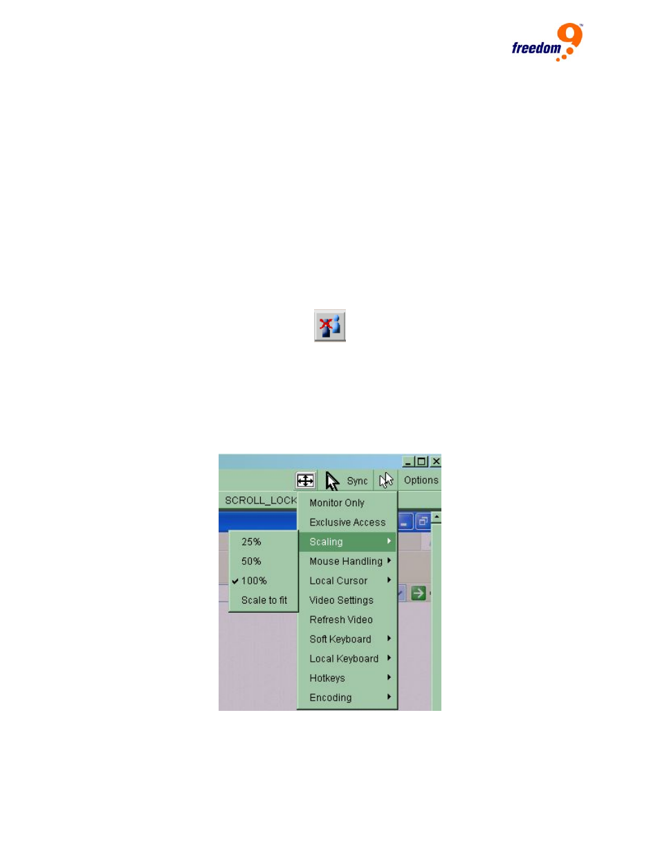 Figure 5-7: remote console exclusive mode, Figure 5-8: remote console options menu – scaling | Freedom9 IP 100 User Manual | Page 32 / 81