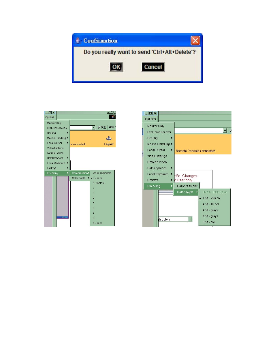 Figure 5-13: remote console confirmation dialog, Figure 5-14: encoding | Freedom9 IP 100 User Manual | Page 37 / 81