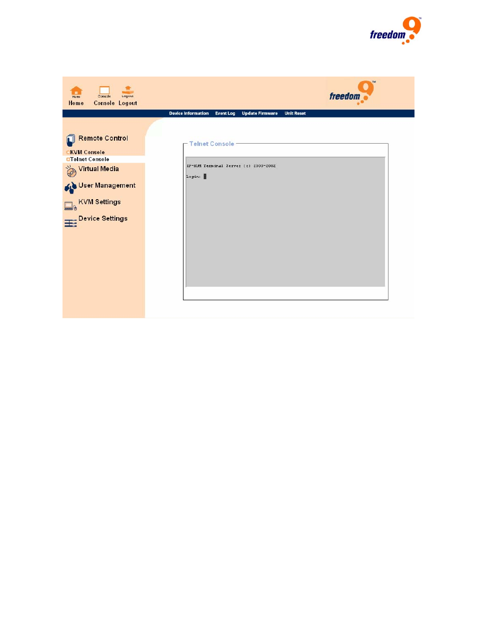 Figure 6-2: telnet console | Freedom9 IP 100 User Manual | Page 40 / 81