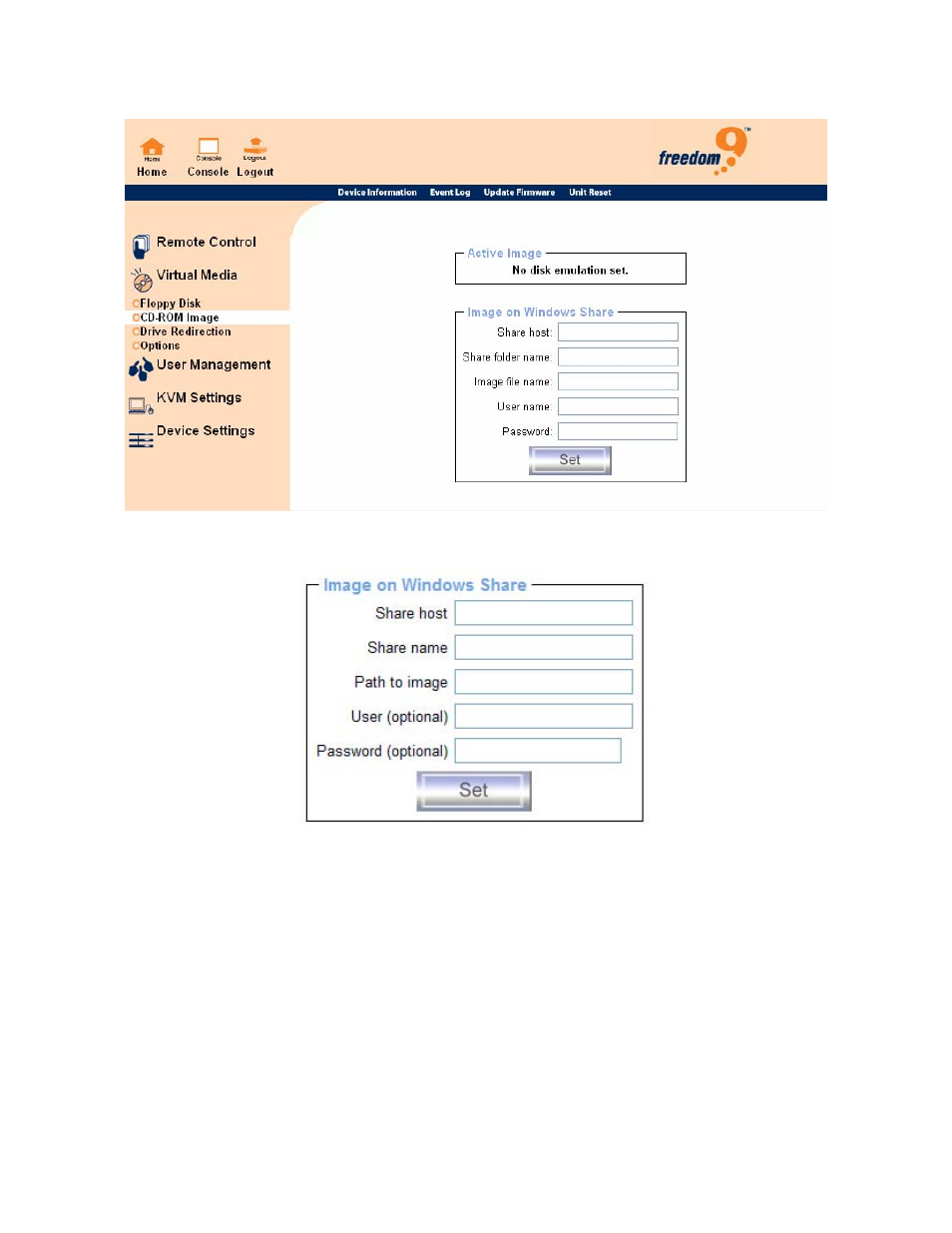 Figure 6-5: virtual cd-rom image screen, Figure 6-6: select windows share | Freedom9 IP 100 User Manual | Page 43 / 81