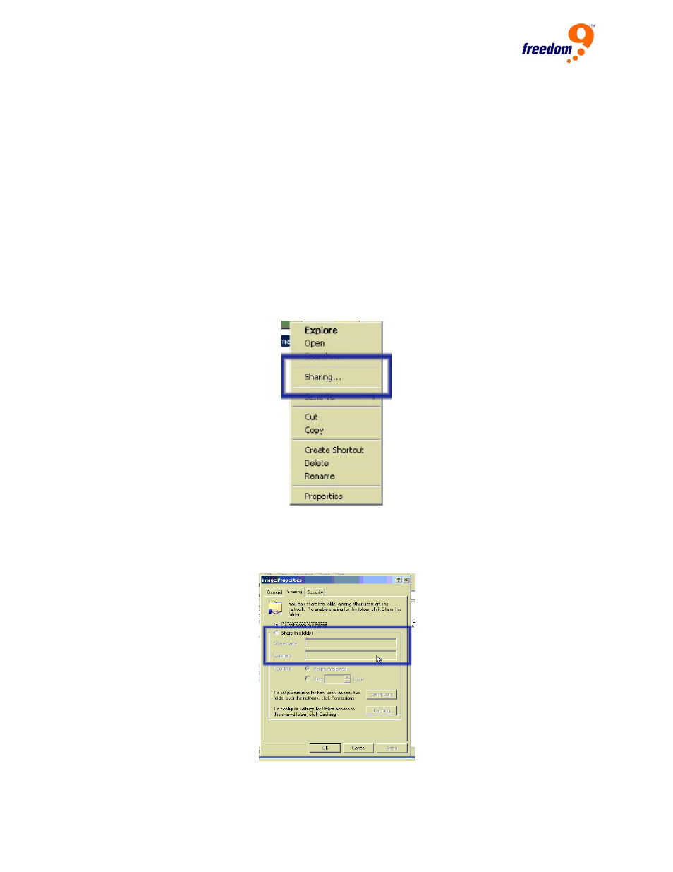 Figure 6-7: windows explorer context menu, Figure 6-8: share configuration dialog | Freedom9 IP 100 User Manual | Page 44 / 81