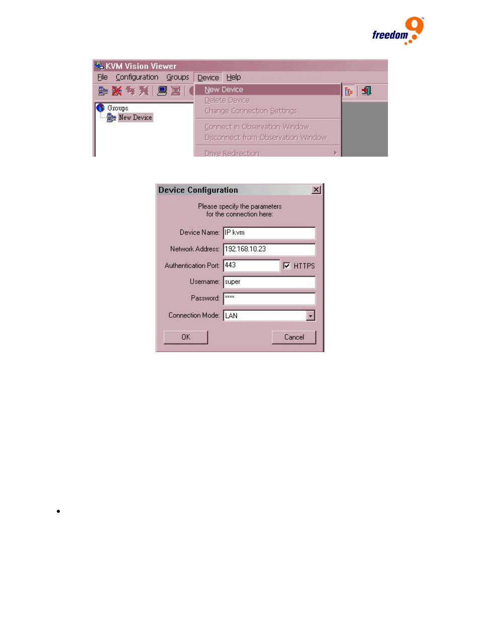 Figure 6-13: create a new device, Figure 6-14: device configuration dialog | Freedom9 IP 100 User Manual | Page 50 / 81