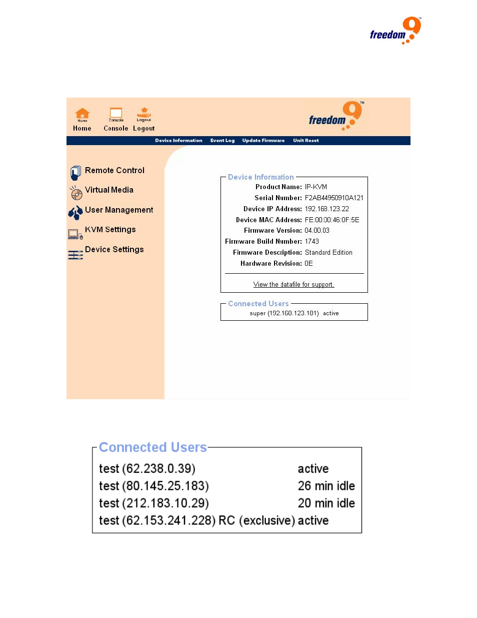 6 maintenance, Aintenance, Figure 6-34: device information | Figure 6-35: connected users | Freedom9 IP 100 User Manual | Page 72 / 81