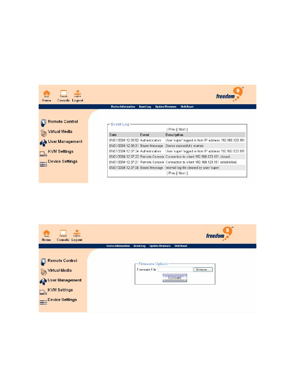 Figure 6-36: event log list, Figure 6-37: update firmware | Freedom9 IP 100 User Manual | Page 73 / 81