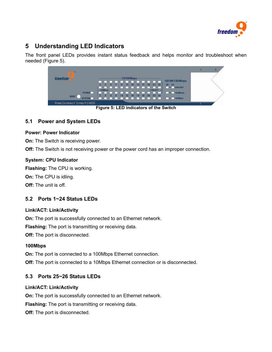 Understanding led indicators, Ower and, Ystem | Orts, Tatus, 5 understanding led indicators | Freedom9 2420 User Manual | Page 11 / 28