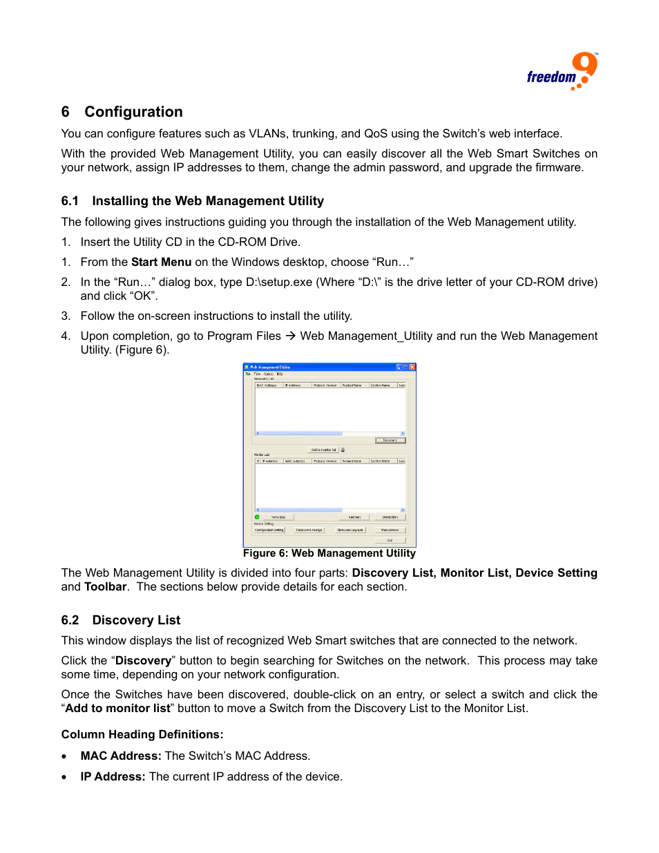 Configuration, Nstalling the, Anagement | Tility, Iscovery, 6 configuration | Freedom9 2420 User Manual | Page 13 / 28