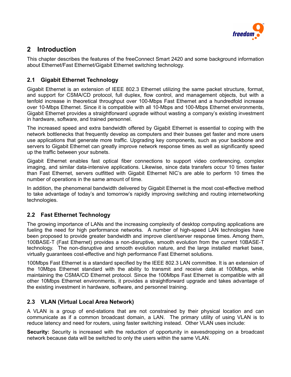 Introduction, Igabit, Thernet | Echnology, 3 vlan, Irtual, Ocal, Etwork, 2 introduction | Freedom9 2420 User Manual | Page 5 / 28