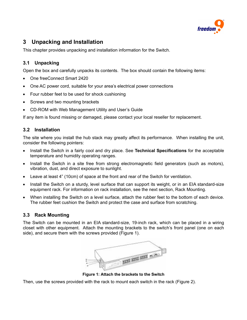 Unpacking and installation, Npacking, Nstallation | Ounting, 3 unpacking and installation | Freedom9 2420 User Manual | Page 7 / 28