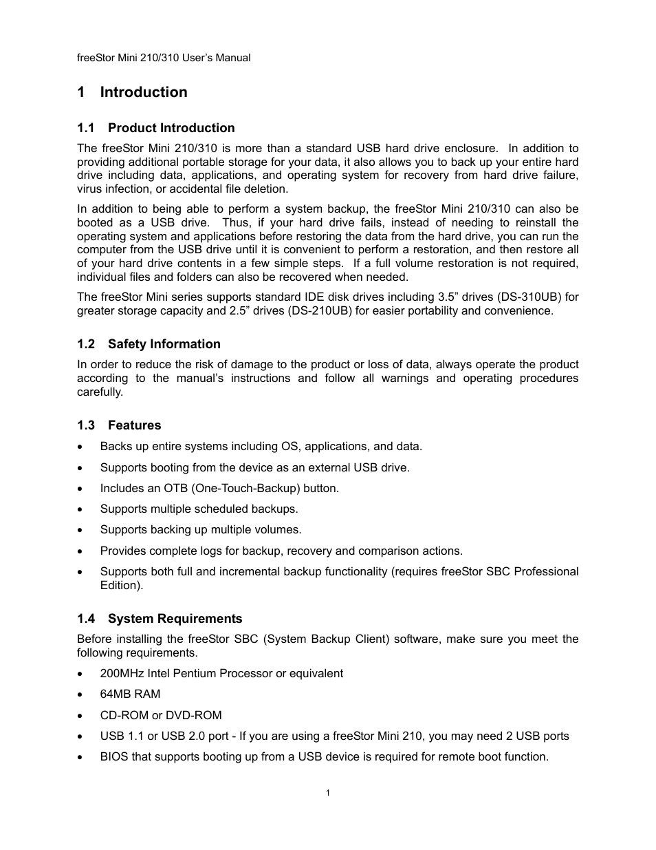 Introduction, Roduct, Ntroduction | Afety, Nformation, Eatures, Ystem, Equirements, 1 introduction | Freedom9 USB User Manual | Page 4 / 67