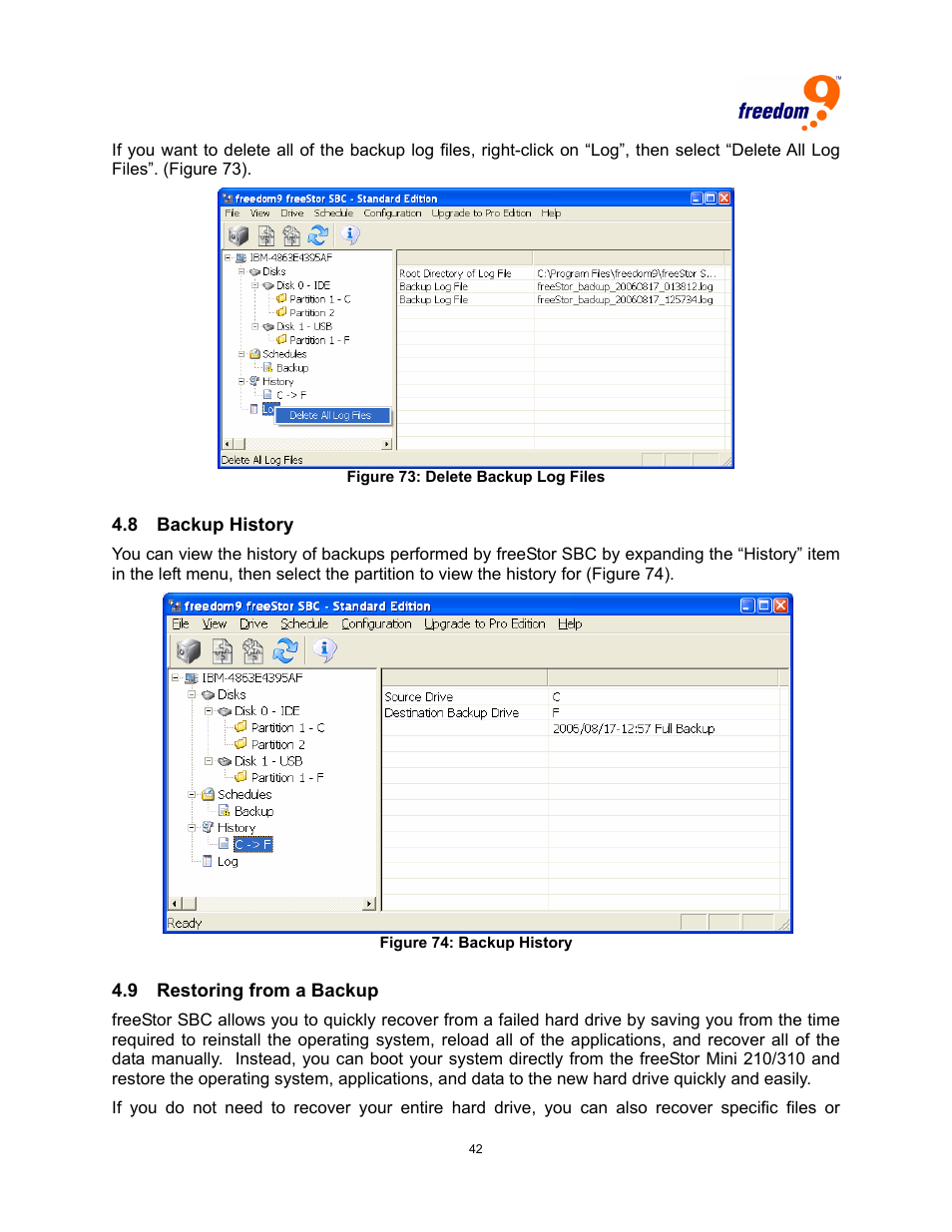 Ackup, Istory, Estoring from a | Freedom9 USB User Manual | Page 45 / 67