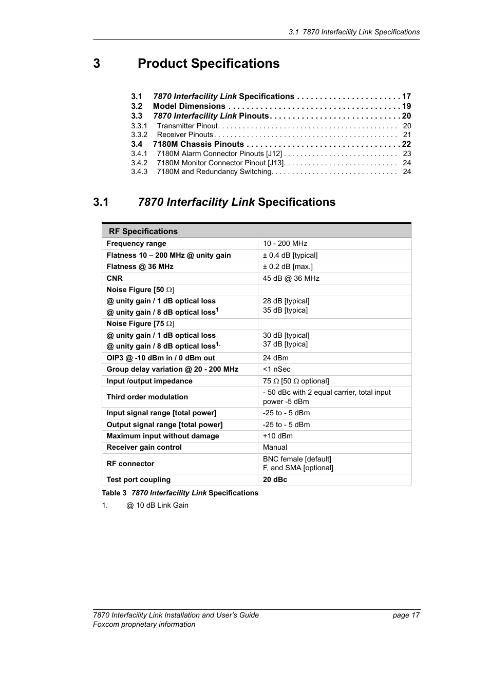 3 product specifications, 1 7870 interfacility link specifications, Chapter 3 product specifications | Table 3 7, 3product specifications | Foxconn Interfacility Link 7870 User Manual | Page 25 / 54