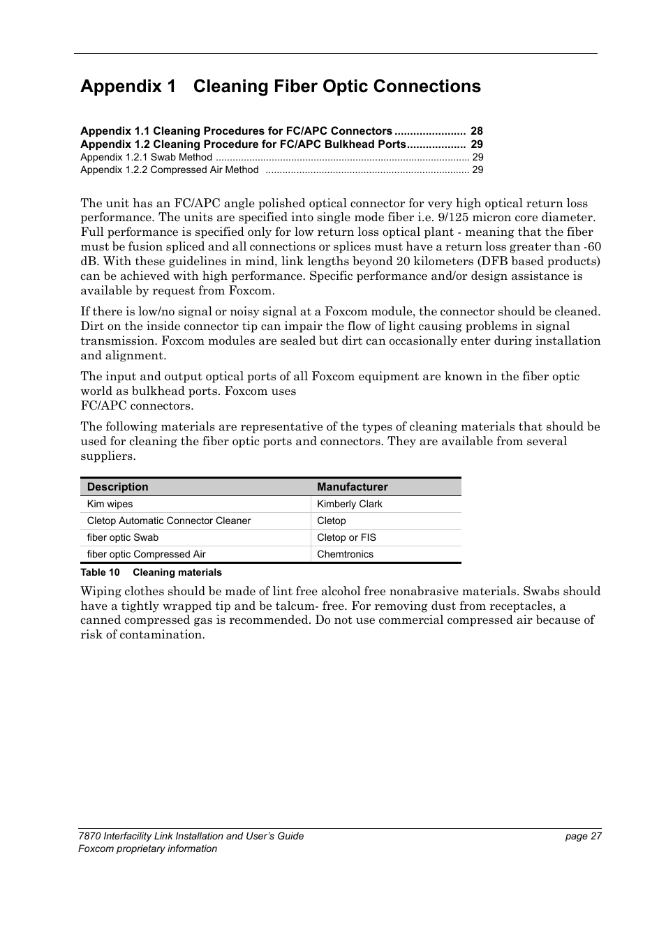 Appendix 1 cleaning fiber optic connections, Table 10 cleaning materials | Foxconn Interfacility Link 7870 User Manual | Page 35 / 54