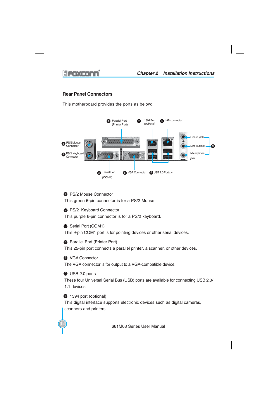 Chapter 2 installation instructions, Rear panel connectors | Foxconn 661M03 User Manual | Page 26 / 104