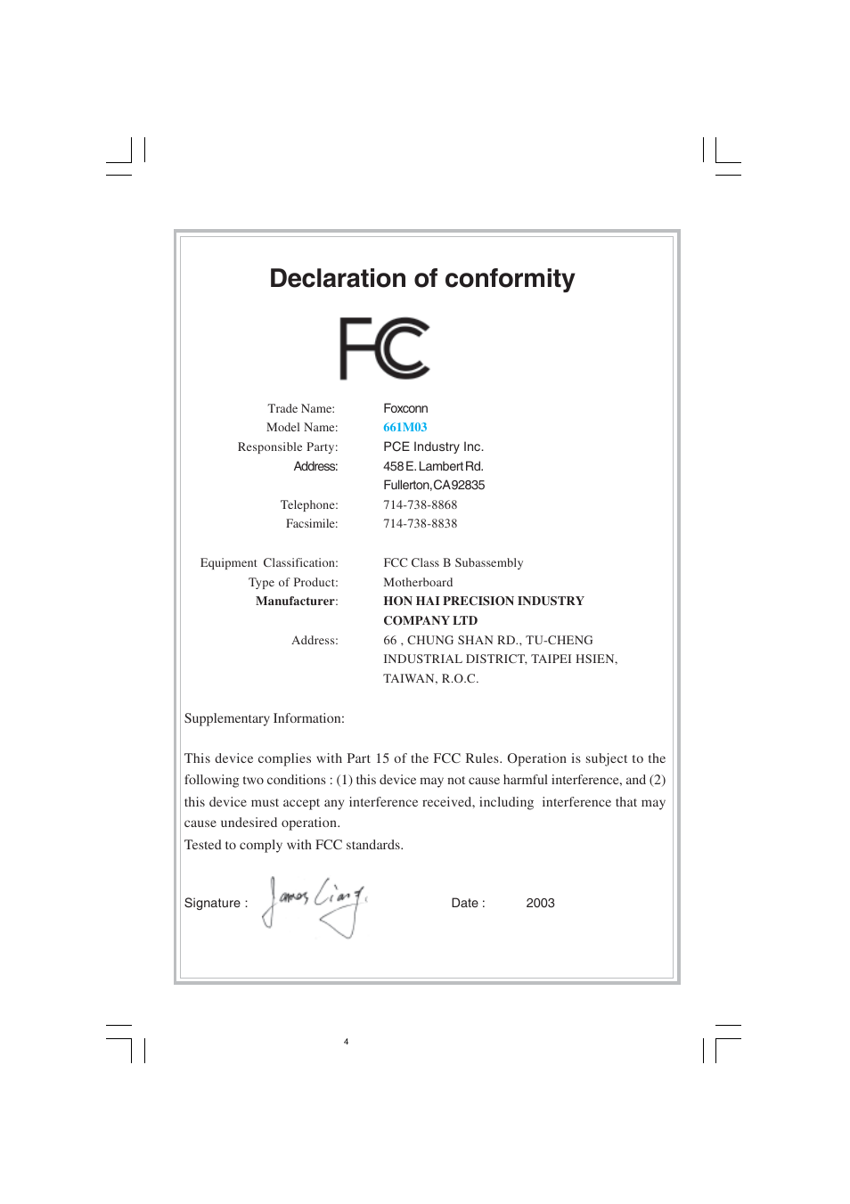 Declaration of conformity | Foxconn 661M03 User Manual | Page 4 / 104