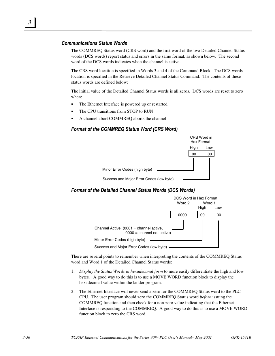 Communications status words, Format of the commreq status word (crs word) | FANUC Robotics America GFK-1541B User Manual | Page 103 / 240