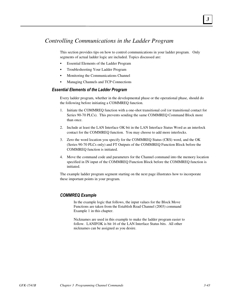 Controlling communications in the ladder program, Essential elements of the ladder program | FANUC Robotics America GFK-1541B User Manual | Page 110 / 240