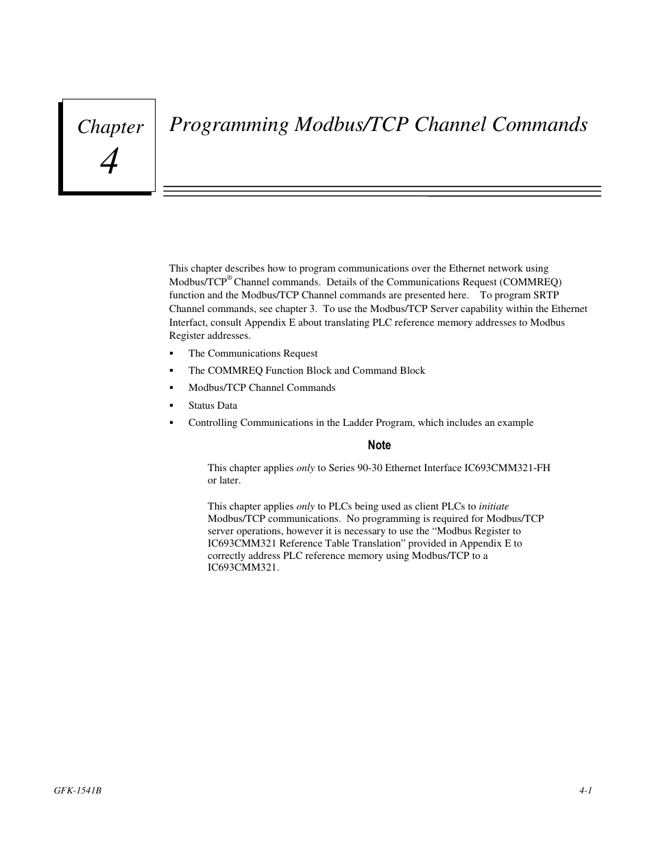 Programming modbus/tcp channel commands, Chapter | FANUC Robotics America GFK-1541B User Manual | Page 116 / 240