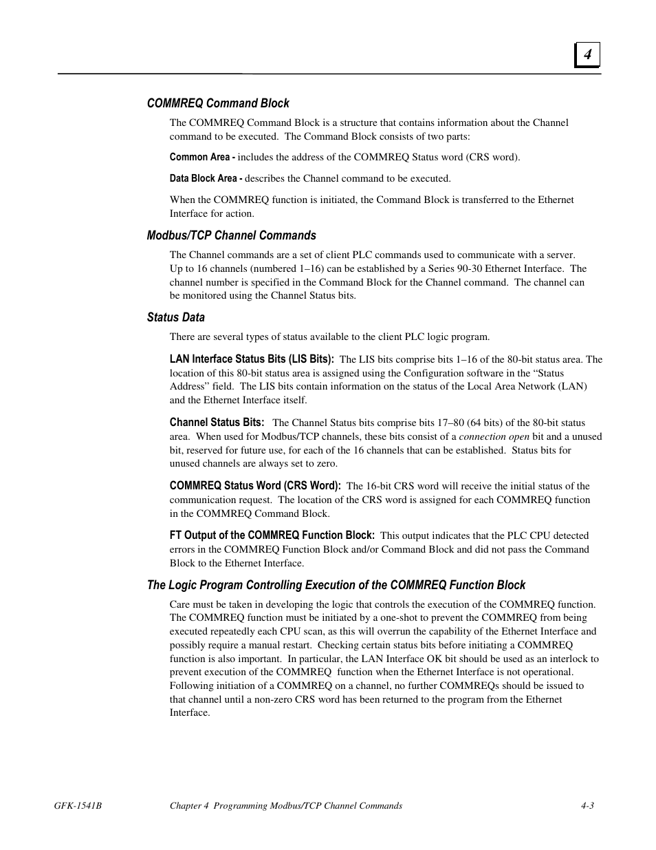 Commreq command block, Modbus/tcp channel commands, Status data | FANUC Robotics America GFK-1541B User Manual | Page 118 / 240