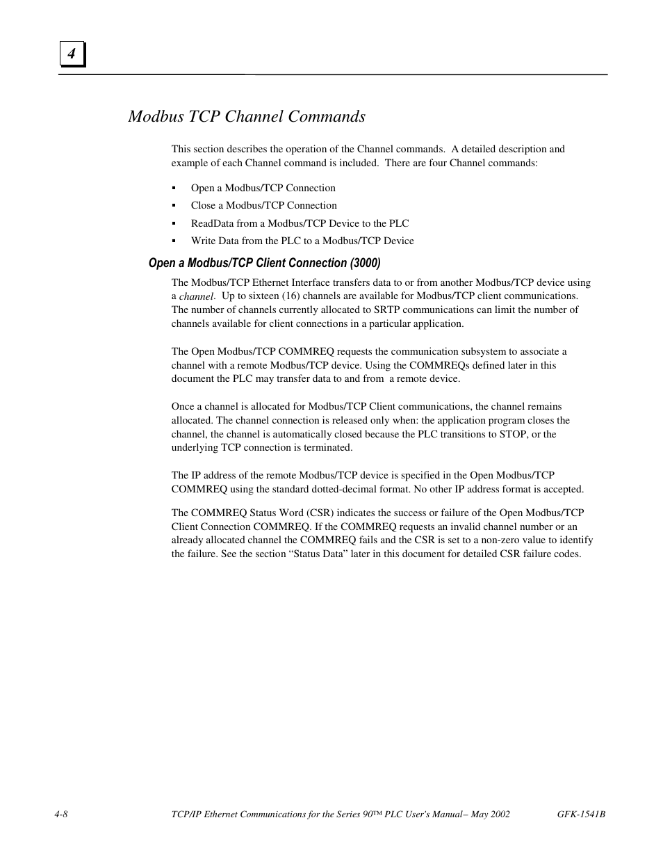 Modbus tcp channel commands, Open a modbus/tcp client connection (3000) | FANUC Robotics America GFK-1541B User Manual | Page 123 / 240