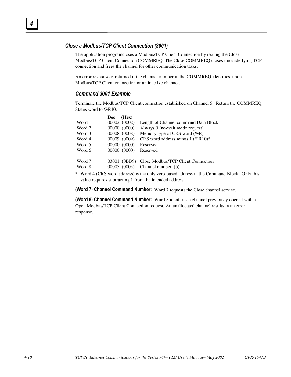 Close a modbus/tcp client connection (3001) | FANUC Robotics America GFK-1541B User Manual | Page 125 / 240