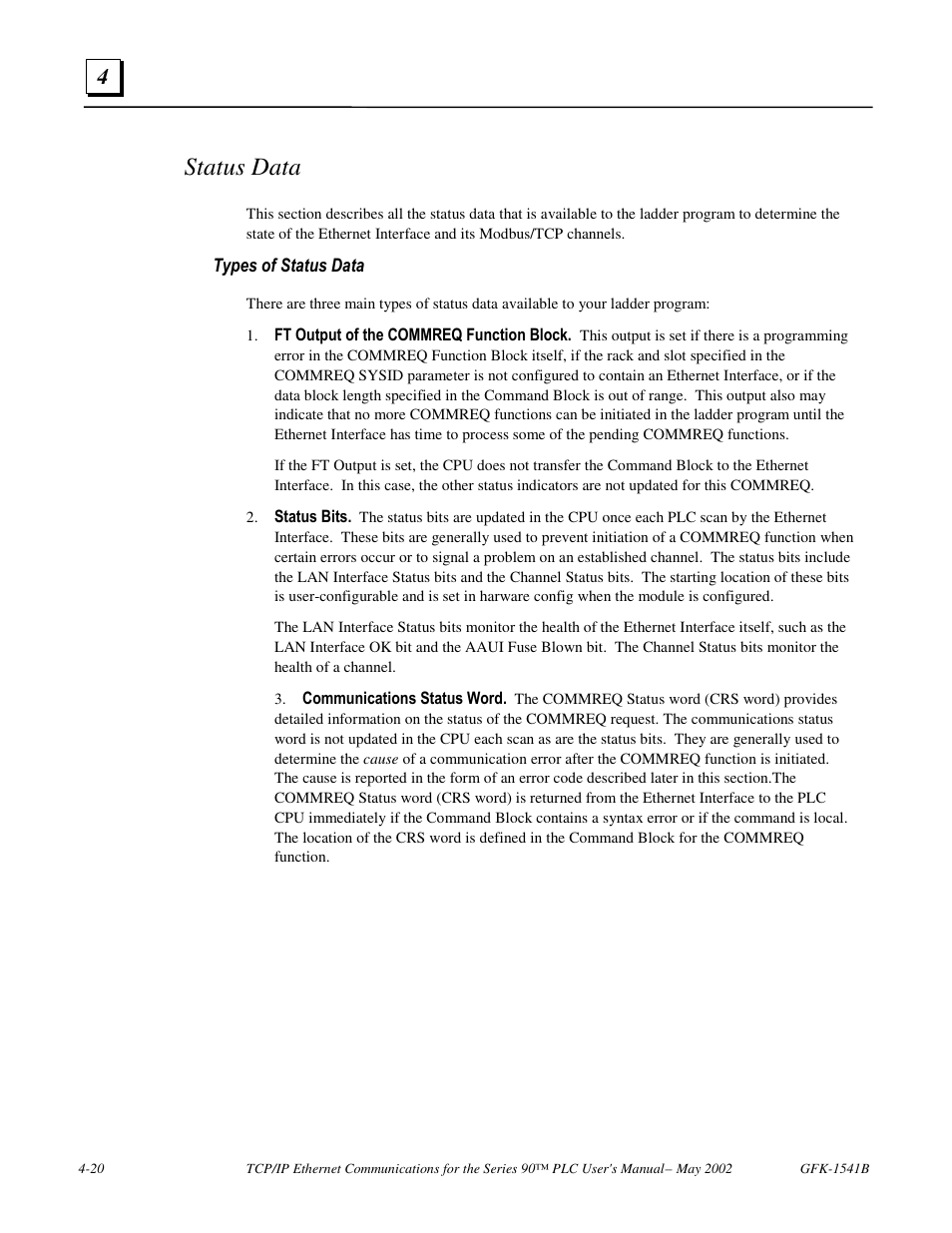 Status data, Types of status data | FANUC Robotics America GFK-1541B User Manual | Page 135 / 240
