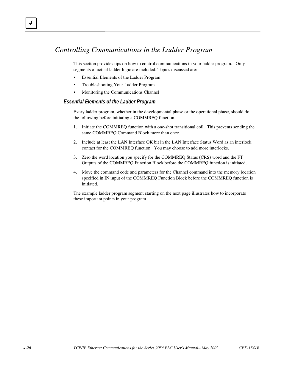 Controlling communications in the ladder program, Essential elements of the ladder program | FANUC Robotics America GFK-1541B User Manual | Page 141 / 240
