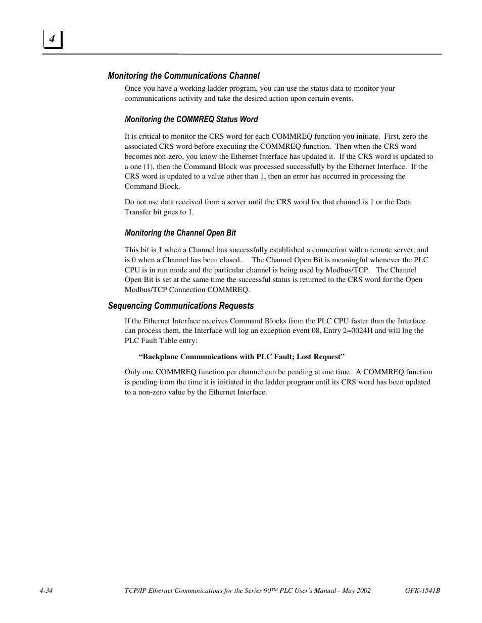Monitoring the communications channel, Sequencing communications requests | FANUC Robotics America GFK-1541B User Manual | Page 149 / 240