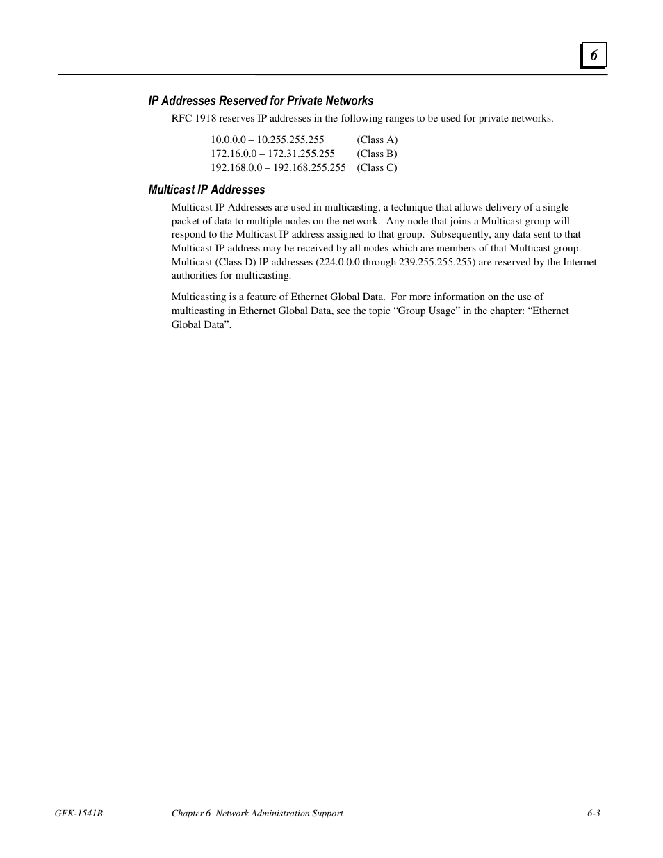 Ip addresses reserved for private networks, Multicast ip addresses | FANUC Robotics America GFK-1541B User Manual | Page 178 / 240
