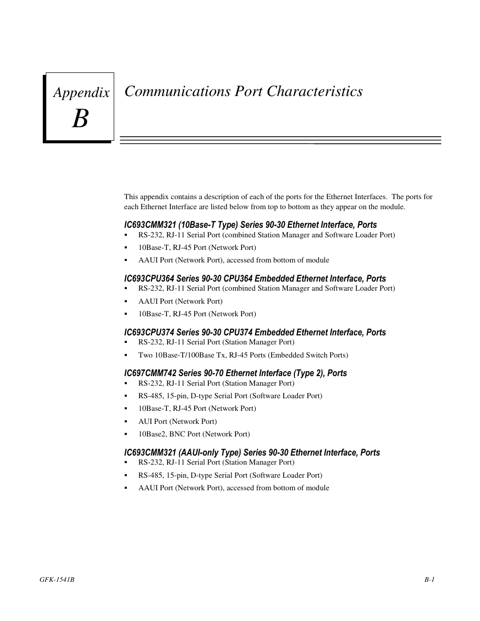 Communications port characteristics, Appendix | FANUC Robotics America GFK-1541B User Manual | Page 202 / 240