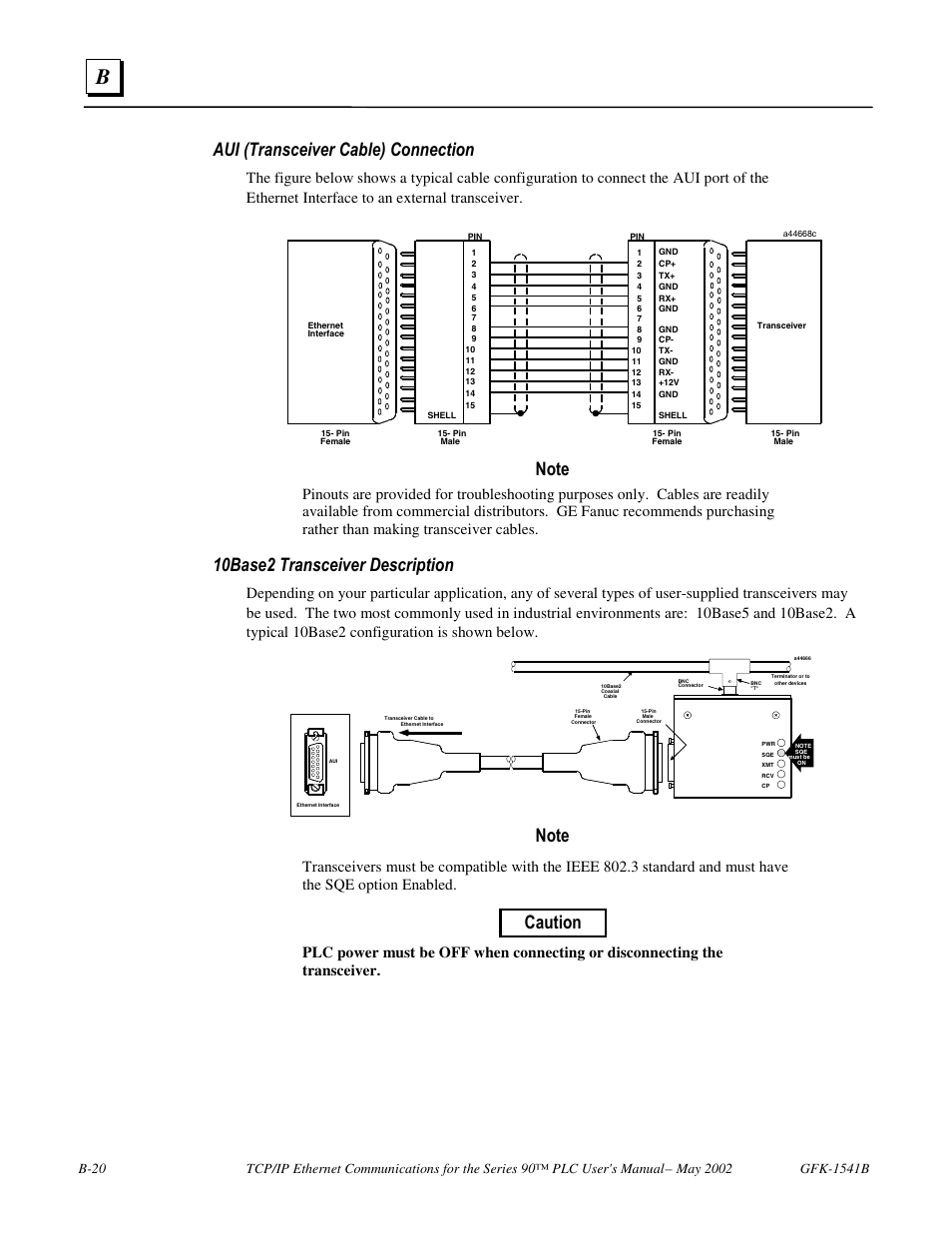 Aui (transceiver cable) connection, 10base2 transceiver description, Caution | FANUC Robotics America GFK-1541B User Manual | Page 221 / 240