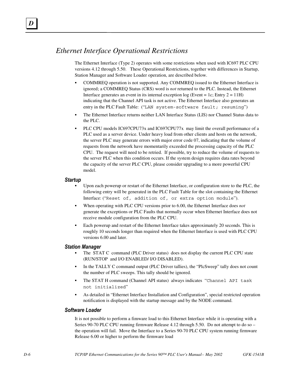 Ethernet interface operational restrictions | FANUC Robotics America GFK-1541B User Manual | Page 233 / 240