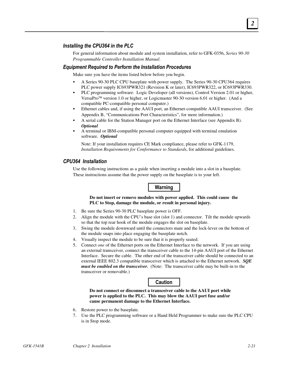 Installing the cpu364 in the plc | FANUC Robotics America GFK-1541B User Manual | Page 34 / 240