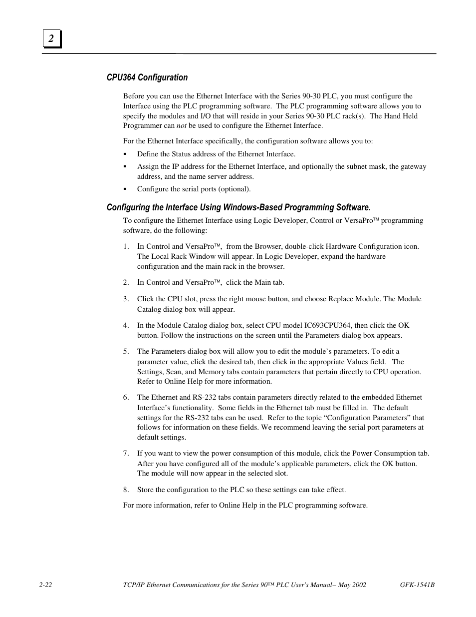 Cpu364 configuration | FANUC Robotics America GFK-1541B User Manual | Page 35 / 240