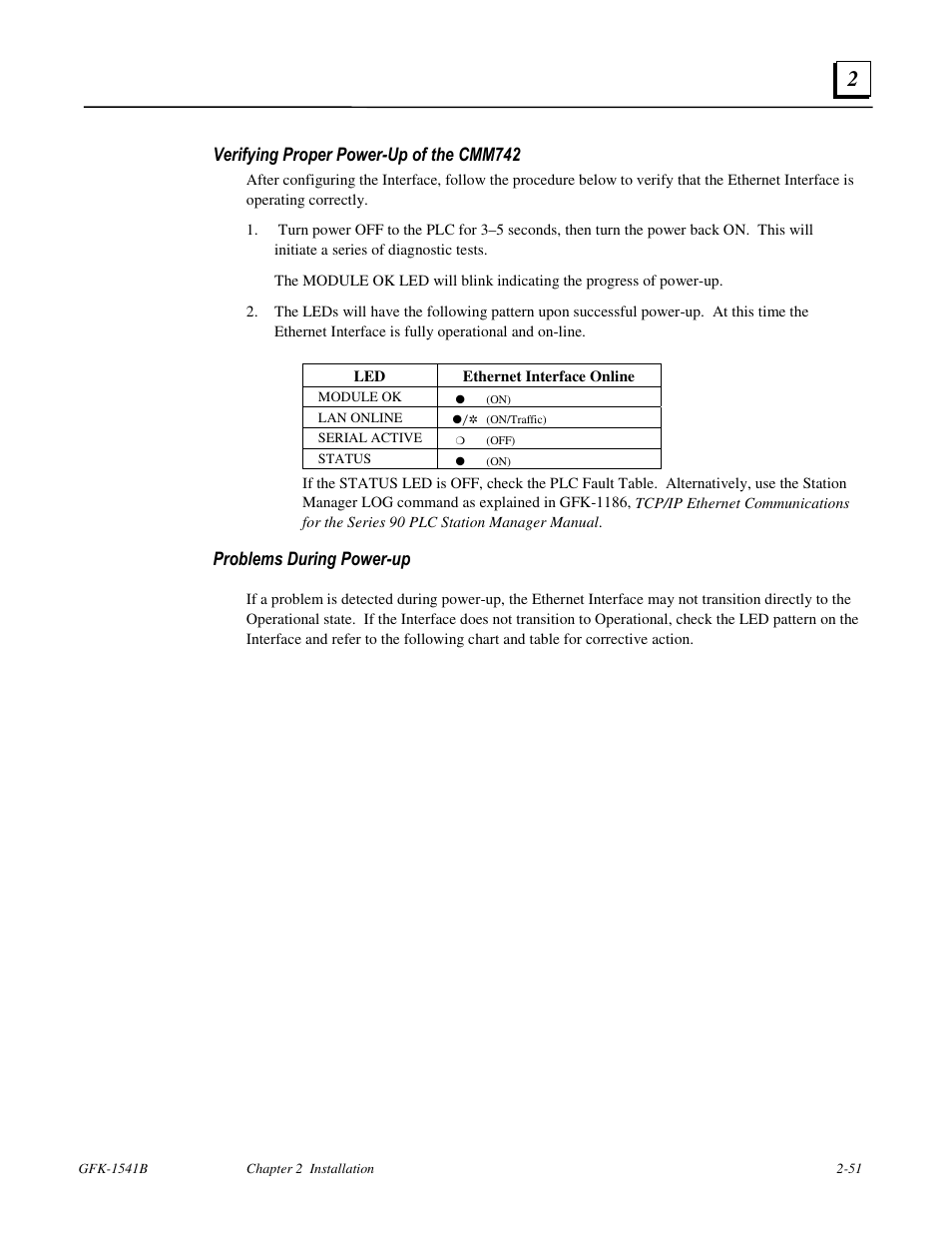 Verifying proper power-up of the cmm742, Problems during power-up | FANUC Robotics America GFK-1541B User Manual | Page 64 / 240
