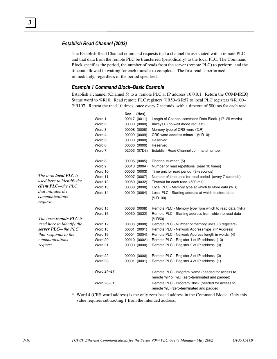 Establish read channel (2003), Example 1 command block–basic example | FANUC Robotics America GFK-1541B User Manual | Page 77 / 240