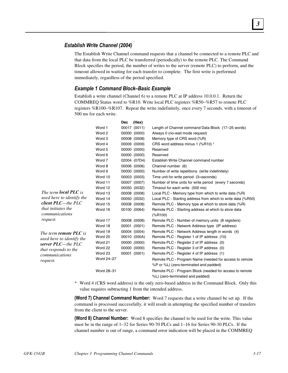 Establish write channel (2004), Example 1 command block–basic example, Word 7) channel command number | Word 8) channel number | FANUC Robotics America GFK-1541B User Manual | Page 84 / 240
