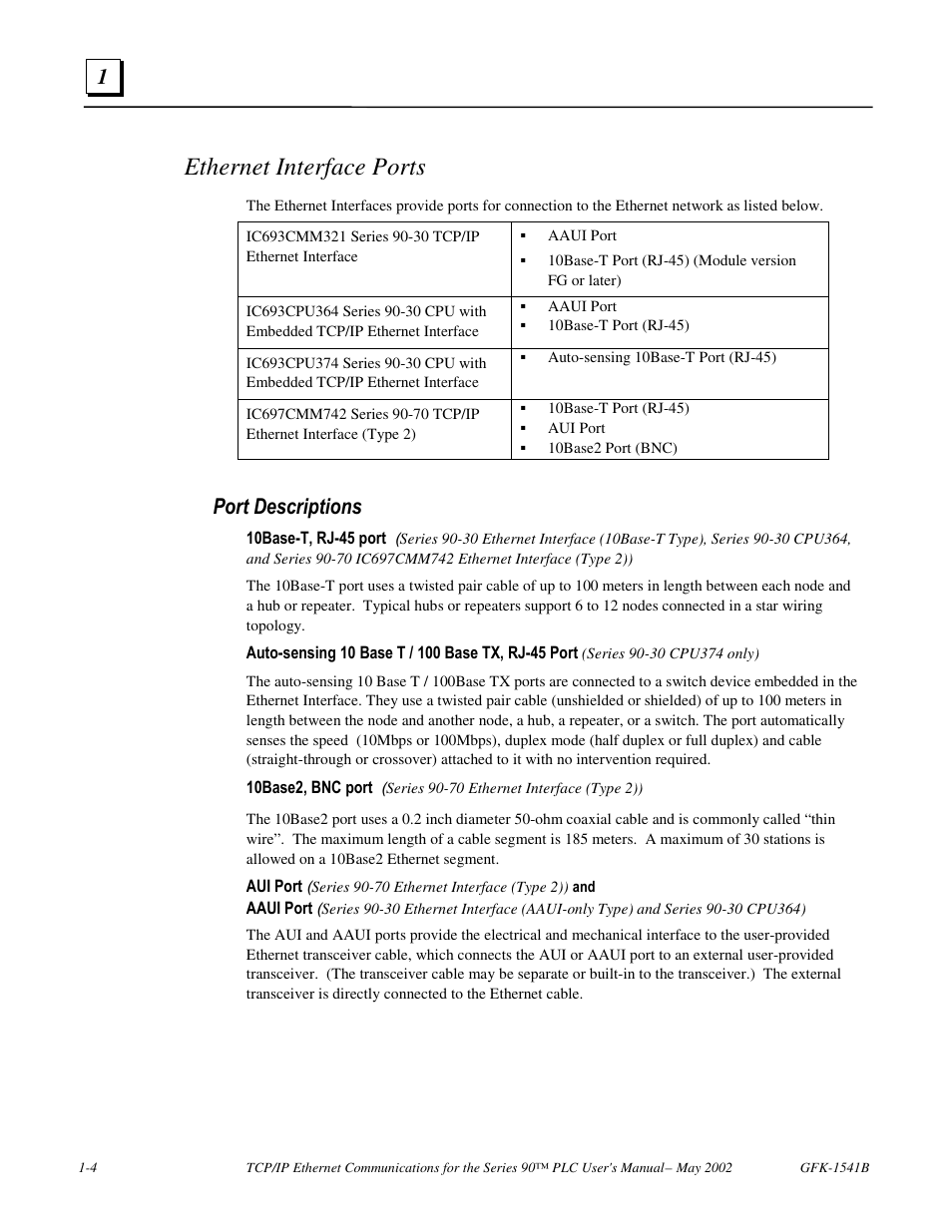 Ethernet interface ports, Port descriptions | FANUC Robotics America GFK-1541B User Manual | Page 9 / 240