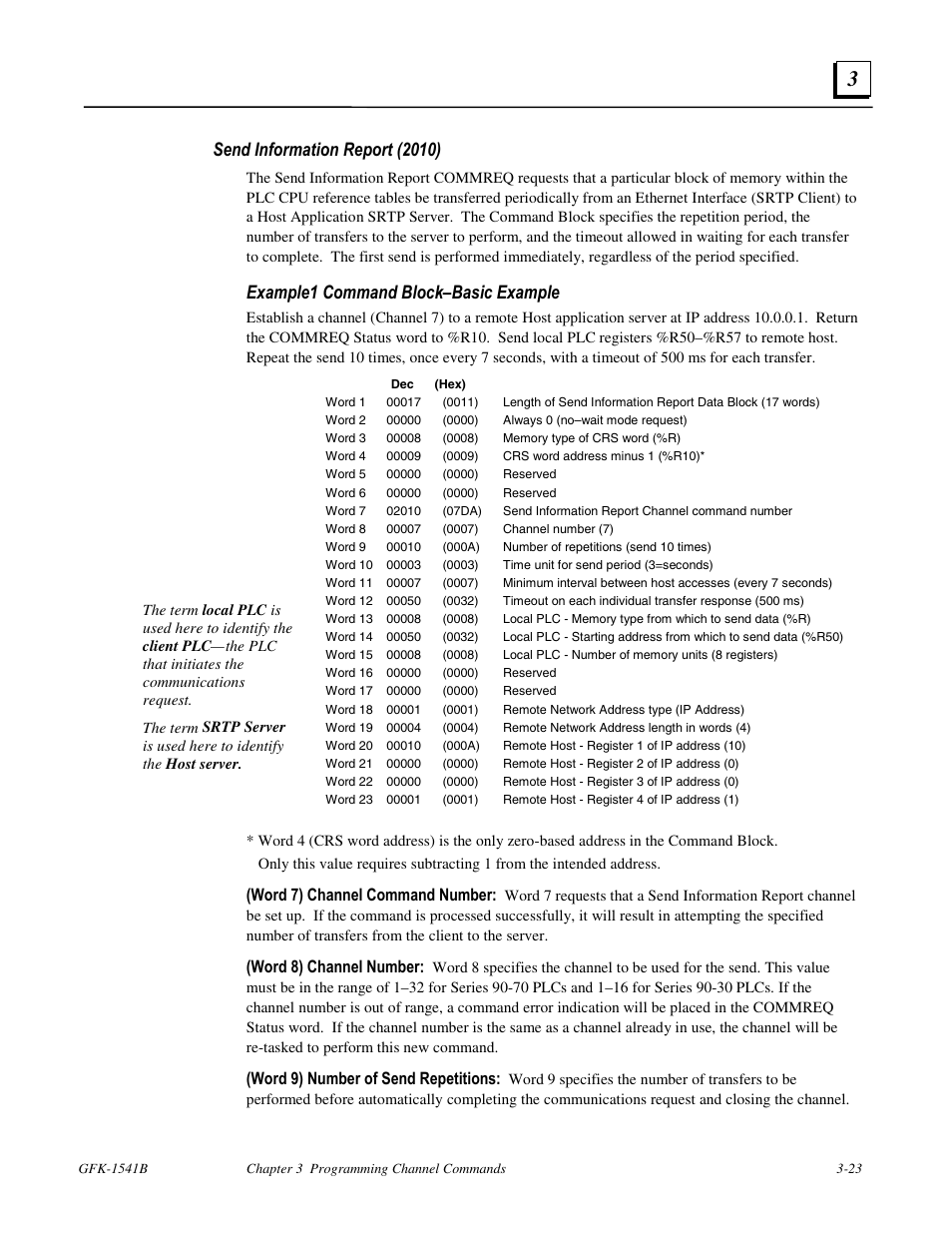 Send information report (2010), Example1 command block–basic example, Word 7) channel command number | Word 8) channel number, Word 9) number of send repetitions | FANUC Robotics America GFK-1541B User Manual | Page 90 / 240