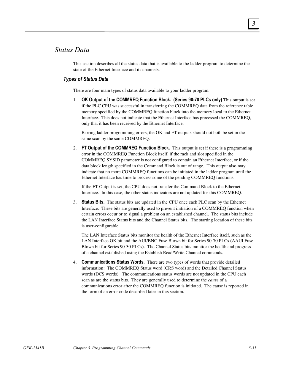 Status data, Types of status data | FANUC Robotics America GFK-1541B User Manual | Page 98 / 240