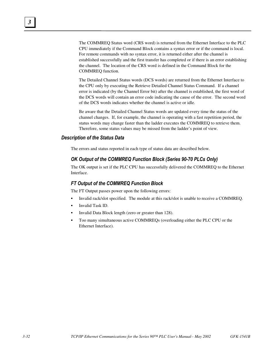 Description of the status data, Ft output of the commreq function block | FANUC Robotics America GFK-1541B User Manual | Page 99 / 240
