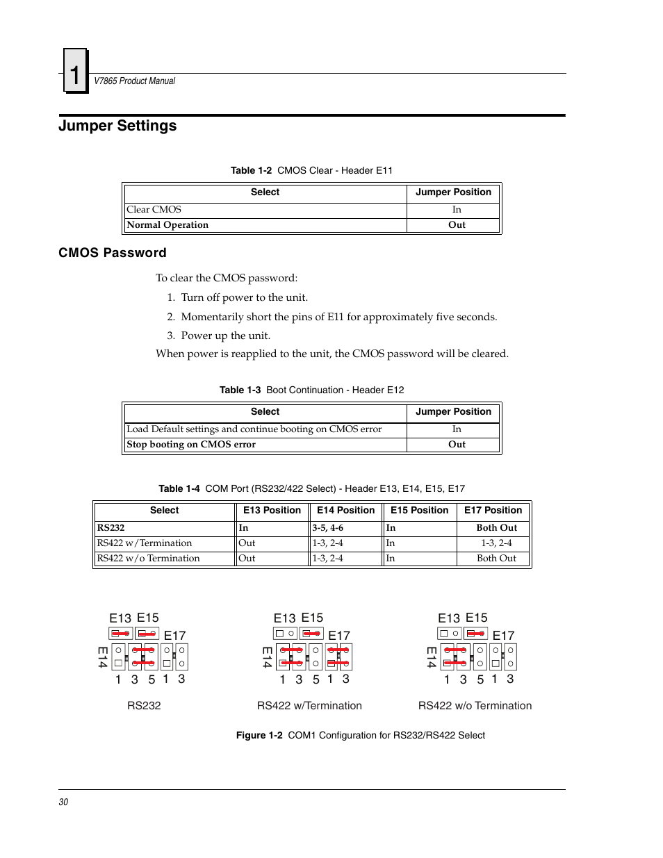 Jumper settings, Cmos password, Figure 1-2 | Com1 configuration for rs232/rs422 select | FANUC Robotics America V7865* User Manual | Page 30 / 103