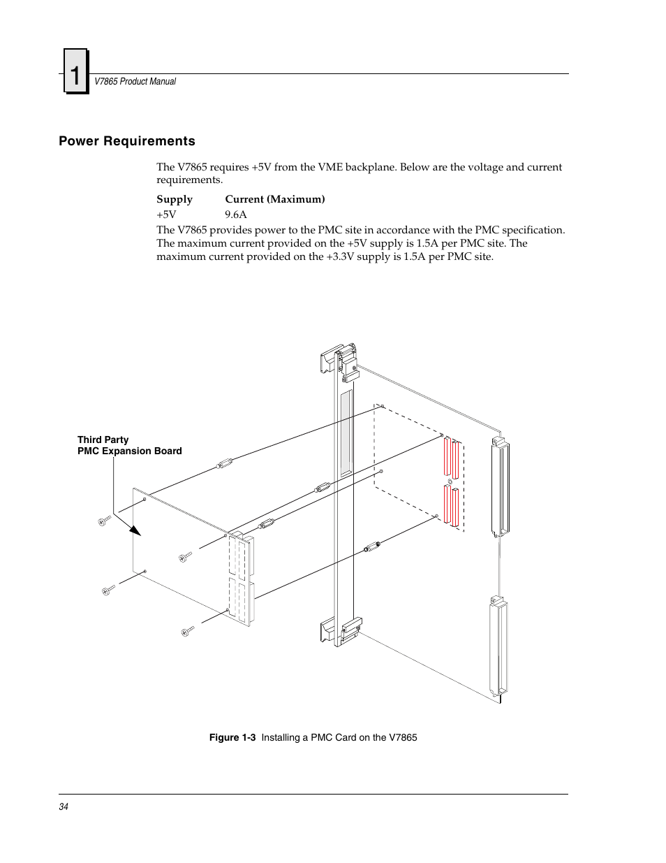 Power requirements, Figure 1-3, Installing a pmc card on the v7865 | FANUC Robotics America V7865* User Manual | Page 34 / 103