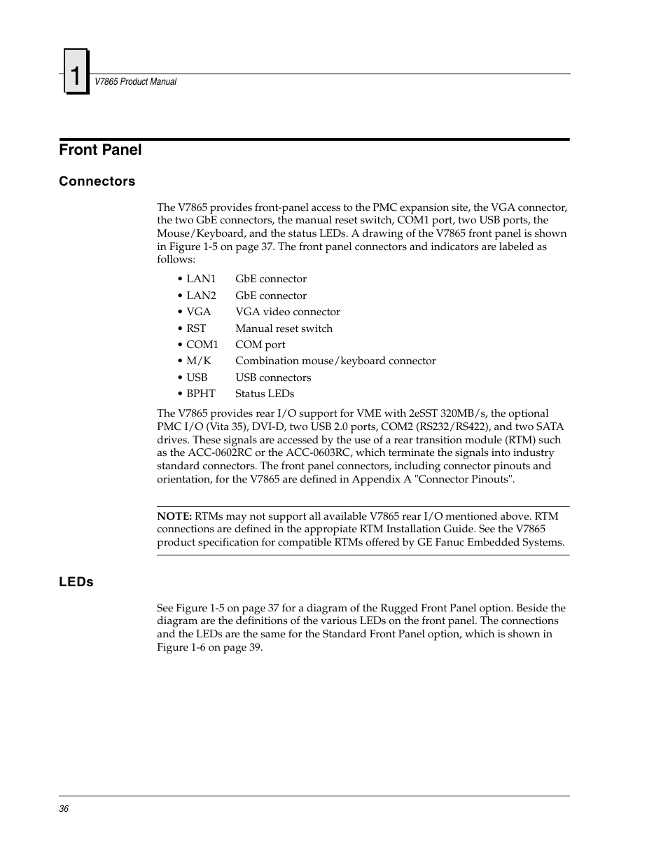 Front panel, Connectors, Leds | FANUC Robotics America V7865* User Manual | Page 36 / 103